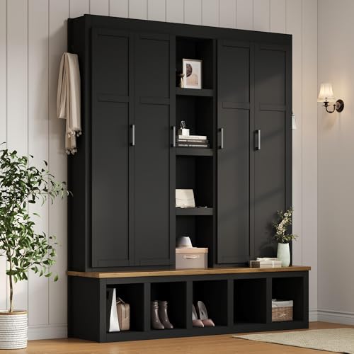 Merax Modern Farmhouse Hall Tree with Bench, 4-in-1 Entryway Storage Cabinet & Shoe Organizer with Hooks, Black