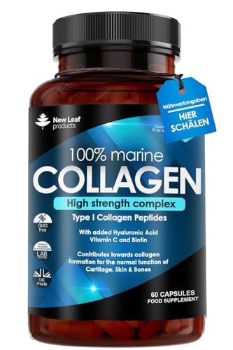 Reines Meereskollagen, 100% Meereskollagen Typ 1, Hydrolysierte Kollagen Peptide, Angereichert mit Hyaluronsäure und Vitamin C – Essentielle Aminosäuren – 60 Kollagen Kapseln Hochdosiert