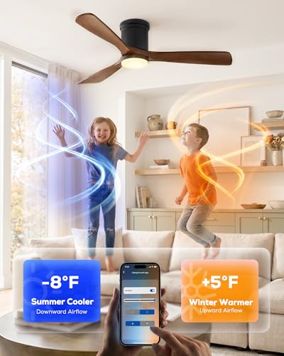 Image of 52 Inch Smart Solid Wood Ceiling Fans with Lights, Low Profile Flush Mount | Damp Rated for Outdoor Patios Indoor, Quiet High CFM BLDC Motor, Alexa /Gg Voice Control /App /Remote, 6 Speeds, Dimmable LED