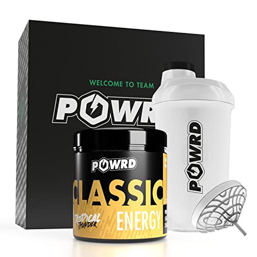 POWRD®️ CLASSIC ENERGY Tropical Thunder mit Shaker - Gaming Energy & Pre Workout Booster Drink Pulver - Fruitmix - VEGAN - 320g 40 Portionen - für Gaming, Training, Lernen, Arbeiten Cover