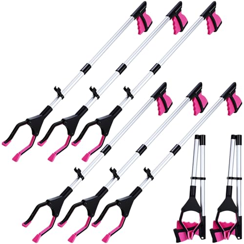 Ctosree 8 Pack 32" Trash Grabber Reacher Tool for Elderly, Foldable Litter Picker Upper, Lightweight Trash Pick up Stick, Long Handy Mobility Aids for Home Garden Arm Extension(Pink)