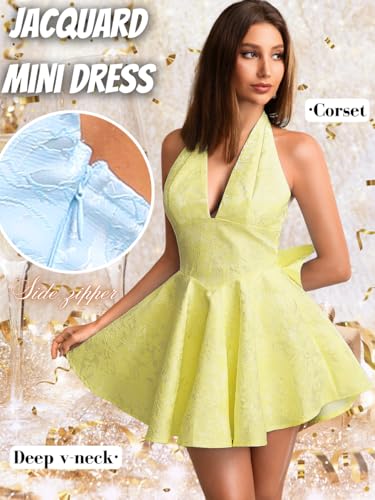 Image of ShawGobow Jacquard Corset Dress,Deep V Halter Mini Dresses with Bow Back,Sexy Birthday Outfits Women Homecoming Prom Formal