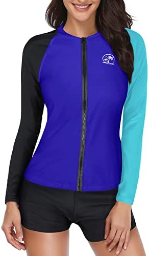 Holipick Women Royal Blue Color Block 2 Piece Rash Guard Swimsuit Long Sleeve Zipper Bathing Suit Sun Protection UPF 50+ Swim Shirt with Shorts M