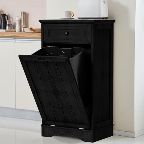 OUTGUAVA 13 Gallons Tilt Out Trash Cabinet Freestanding Kitchen Trash Bin Cabinet Wood Garbage Recycling Cabinet with Hideaway Drawer Pet Proof Trash Can Holder for Kitchen Living Room, Dark Black