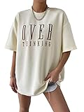 SOLY HUX Women's Casual Letter Embroidery T Shirts Half Sleeve Oversized Tee Summer Tops Beige M