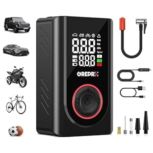 GREPRO Elektrische Luftpumpe, 150 PSI Mini Tragbare Akku Kompressor, 12V DC Fahrradpumpe mit Digitale Doppelt-Wertanzeige, 5000mAh Power Bank und LED-Licht für Auto, Motorrad, Fahrrad, Ball