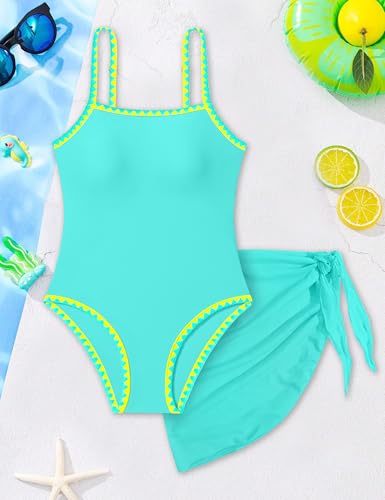 Image of WIQI Girls Swimsuit One Piece Bathing Suit Color Contrast Trim Girls' Swimwear with Cover Up Skirt Size 9-16