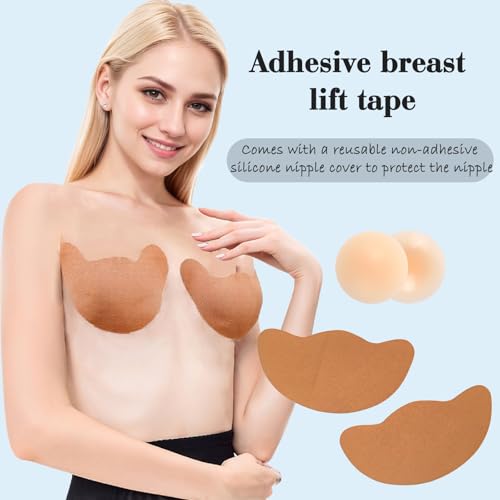 POMAMZ 3 Paar Klebe BH Push Up & Nipple Covers – Unsichtbare Brustheber-Pflaster für Große Körbchengrößen,Wiederverwendbare BH TräGerloser für Rückenfreie Kleider,Beige,A/B