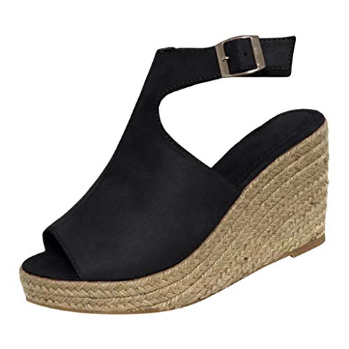 WINJIN Sandales Espadrilles Compensées Femme Vintage Chaussures ete Femme Talon Mules Tressée Clip Toe Peep Toes Cuir Confortable Casual Cover