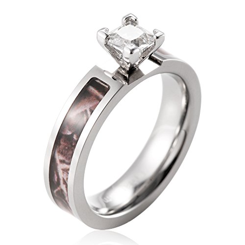Women's 5mm Titanium Brown Tree Camo Wedding Ring with White Square CZ Stone