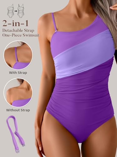 Image of Aidonger One Shoulder One Piece Swimsuit for Women Tummy Control Bathing Suits Color Block Ruched Swim Suit Slimming Swimwear
