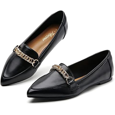 Tilocow Pointy Toe Chain Link Loafers Slip on Ballet Flats for Women Comfortable Smoking Shoes, Pu Black, 9 UK Cover