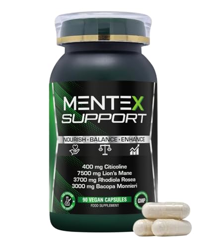 Mentex Support Nootropics Brain Supplement | Lions Mane Citicoline Rhodiola Rosea Bacopa Monnieri L-Theanine L-Tyrosine & Phosphatidylserine | Research Backed Vegan Formula | 90 Capsules