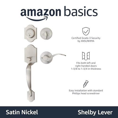 Image of Amazon Basics Front Door Lock Set, Handleset with Shelby Lever, Single Cylinder, Easy to Install, Satin Nickel