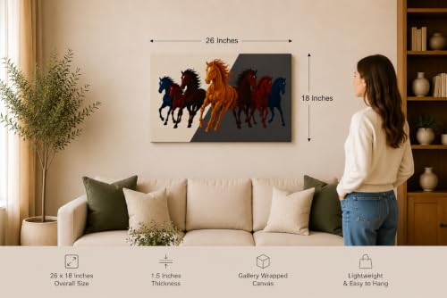 Image of 7 Horse Vastu Sunrise Canvas Painting | Positive Energy Wall Decor | Big Size Premium Running Horses Artwork for Home, Office & Hall Decoration (Modern, Red Black Horse, 26x18 Inch)