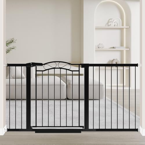 Image of Fairy Baby 59.9 inch-62.5 inch Extra Wide Baby Gate with Door, 60 61 62 Inches Walk THR Baby Gates for Stairs Pressure Mounted no Drill, Indoor Tension Metal Child Pet Dog Safety Gate for Kids, Black