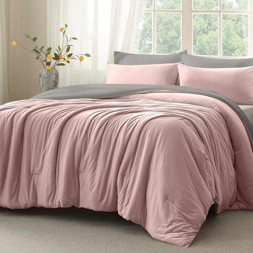 Image of Queen Comforter Set, Comforters Queen Size Luxury Ultra-Soft Jersey Knit Bedding Sets, Grey /Rose Lightweight Down Alternative Bed Comforte Queen for All Season, 3 Piece Bedding Setrey