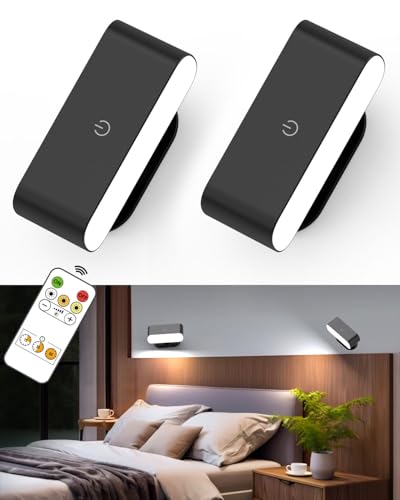 Amagle Juego de 2 Apliques de Pared Interior sin Cable con Mando a Distancia, Lámpara de Pared Recargable USB, Brillo Regulable, Luz Táctil para Dormitorio, Lámpara de Lectura para Cabecera de Cama