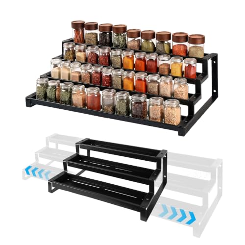 Expandable Spice Rack Organizer for Kitchen Cabinet or Pantry, 3 Tiered Metal Seasoning Organization with Adjustable Length 15″-26″ Seasoning Organizer for Jars, Bottles & Cans, Black 1Pack