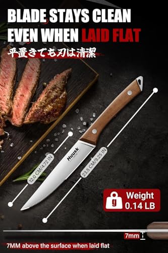 Image of Huusk Steak Knives Set of 6 with Wood Block, Serrated & Straight Dual-Edge | Drawer Organizer Included,Wood Full Tang Handle, Japanese Stainless Steel, Steaks Knives with Holder, Homewarming Gift Idea