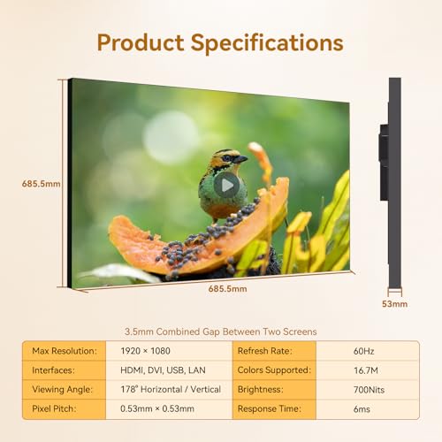 Image of 55 inch FHD Video Wall Digital Signage Display Panel, 700 nits, 24 /7 Operation, Modular Splicing from 1x2 to 4x4 and More for Control Rooms, Recording Studios, Broadcast Studios & More