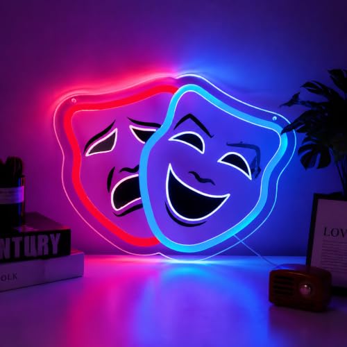 Image of Comedy and Tragedy Masks Neon Sign Theater Drama LED Lights Sign for Wall Decor, Classic Performing Dimmable Neon Light for Bedroom, Theater Room Bar & Studio Decor