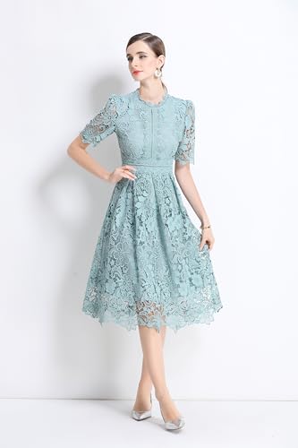 Image of LAI MENG FIVE CATS Women's Lace Floral Short Sleeve Crochet Waist Cocktail Midi Dress