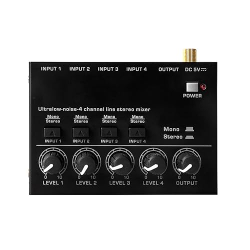 WANGCL 4-K-Audio-Mischer, geräuscharmer Stereo-Audio-Mischer mit separater Lautstärkeregelung, Netzschalter für Mikrofone, Gitarre, Bass, Keyboards, Bühnenmixer