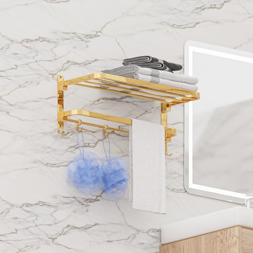Image of Towel Rack for Bathroom, Shelf for Wall with Towel Hooks, Towel Rack, Kitchen Accessories Items Wall Mounted for Heavy-Duty Elegance(Gold, 24 Inch)