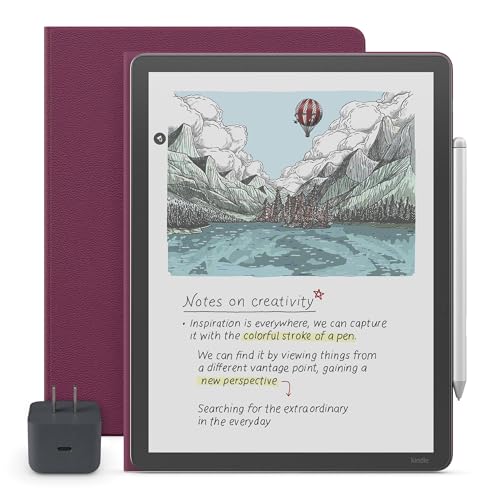 Image of Amazon Kindle Scribe Essentials Bundle - Amazon Kindle Scribe Colorsoft (64GB) - Graphite, Premium Pen, Premium Leather Executive Folio Cover-Fig,Power Adapter