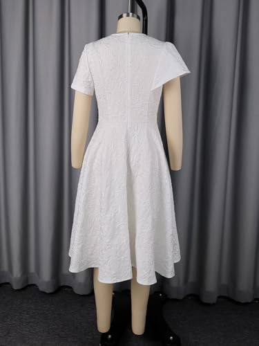 Image of AOMEI Women's Irregular Neck with Flower Short Puff Sleeve High Waist A-Line Jacquard Dress