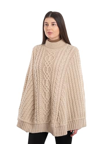 SAOL 100% Merino Wool Cable Knit Ladies Irish Aran Poncho Cardigan