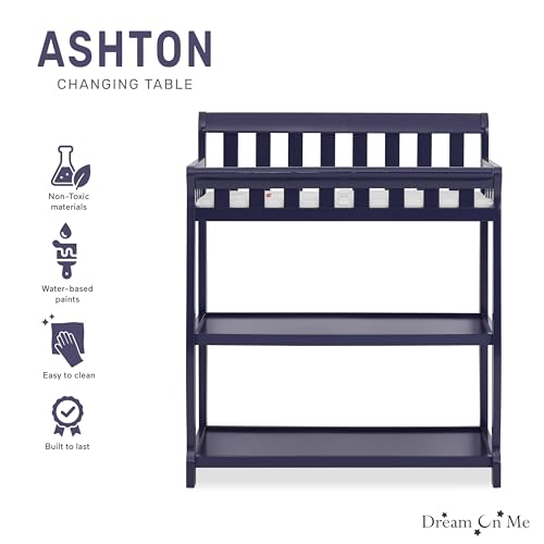 Image of Dream On Me Ashton 2-in-1 Changing Table & Nightstand in Navy- Solid New Zealand Pinewood, Safety Rails, Spacious Storage Shelves & Water-Resistant Changing Pad, Converts to Nightstand
