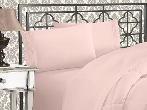 Elegant Comfort Luxurious 1500 Premium Hotel Quality Microfiber Three Line Embroidered Softest 4-Piece Bed Sheet Set, Wrinkle and Fade Resistant, Full, Blush Pink