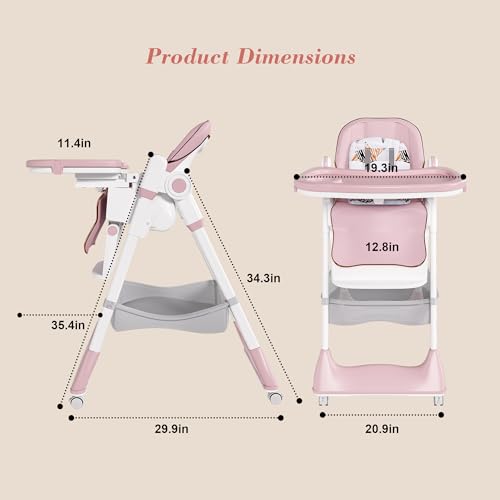 Image of Baby High Chair for Babies & Toddlers, Foldable Feeding Chair with Wheels, Adjustable Seat Height, Backrest, Footrest, Removable Tray, PU Cushion, 5-Point Harness, Easy to Clean, Pink+White
