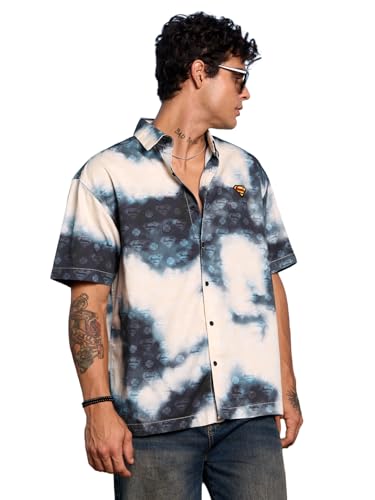 Image of The Souled Store Superman: Tie-Dye Men and Boys Short Sleeve Spread Collar Off White and Blue Tie Dye Casual Lightweight Drop Shoulder Streetwear Trendy Cotton Oversized Shirt