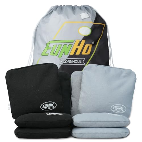 EunHo Regulation Cornhole Bags Set of 8 - Dual Sided Slick and Stick Cornhole Bean Bags for Tossing Game Professional All Weather Pro Corn Hole Bags with Tote Bag (Black/Grey)