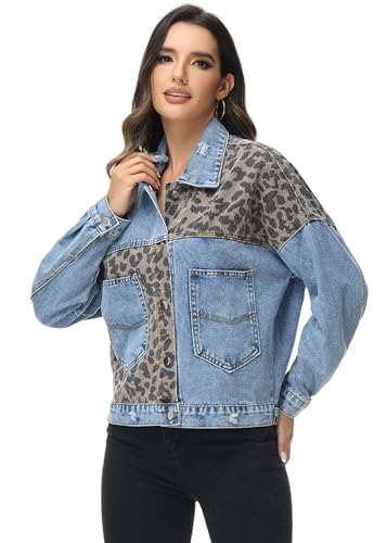 Anna-Kaci Women Long Sleeve Button Down Leopard Print Crop Denim Jacket Ripped Distressed Boyfriend Outerwear2