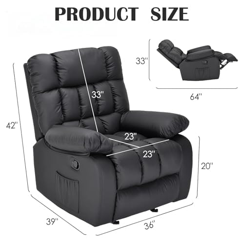 Image of Oversized Recliner Chair, Leather Adjustable Recliner with Side Pockets, Living Room Reclining Lounge Chair for Adults, Small Spaces Comfy Sofa with Theater Seating for Bedroom, Black