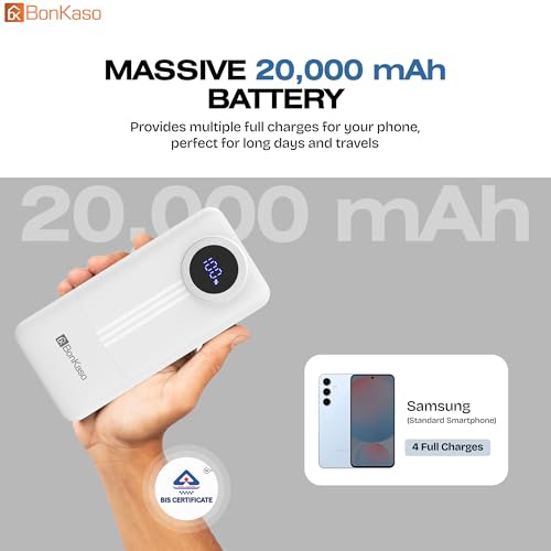Image of BonKaso 20000mAh Power Bank 22.5W PD Fast Charging with Built-in Type-C Cable, USB-A & Type-C Output, Digital LED Display, Slim Portable Charger for iPhone, Android, Tablets - White