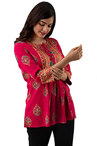 Image of DMP FASHION Women's Rayon Classic Printed Boota Top with Beautiful Tassels and Buttons at Front Black