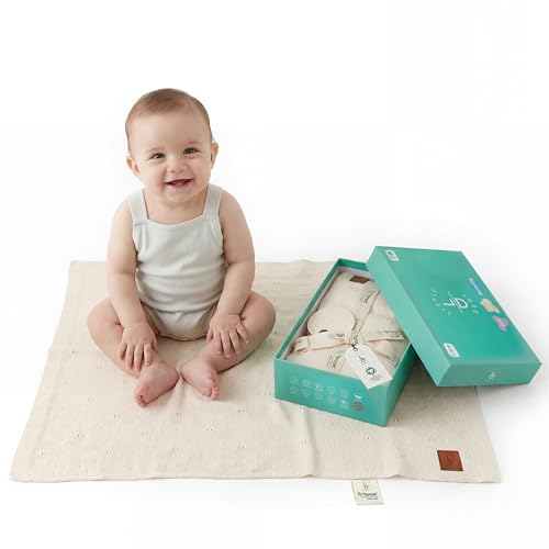 Image of Pointelle Double Layer 100% Tencel Baby Blanket - Breathable Temperature Regulating - Oeko-TEX Certified - 30x40 inch - Gift Box with Ribbon (Warm White)