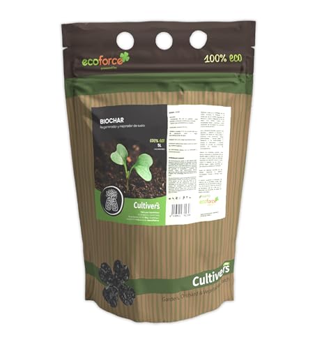 CULTIVERS Biochar 5 L (1kg) Carbón para Huerto, Césped, Compost y Plantas. Biocarbón Regenerador y Mejorador de suelo. Carbón Vegetal Acondicionador y Retenedor de CO2.