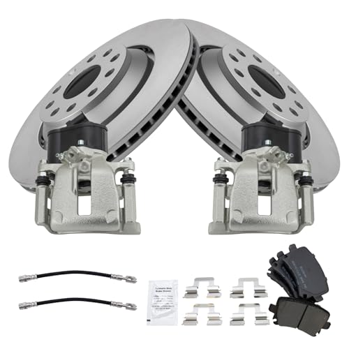 Image of TRQ Rear Brake Pad and Rotor Set Semi Metallic Coated Rotors Calipers Compatible with 2010-2016 Volkswagen CC