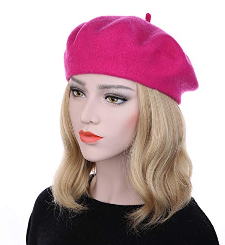 Vglook French Style Classic Solid Color Wool Berets Beanies Cap Hats (Hot Pink) #TOP2