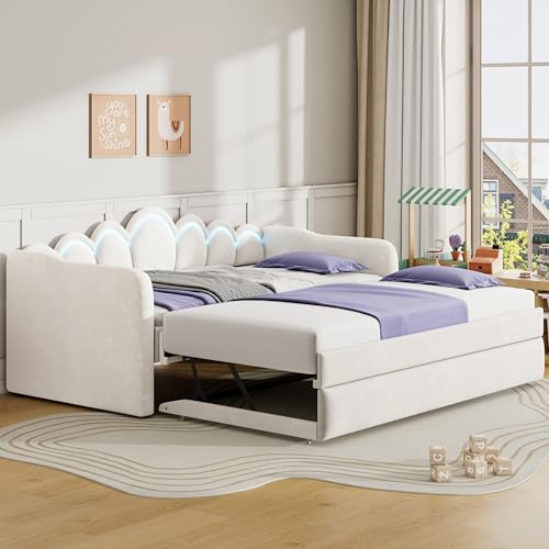 Merax Twin XL Daybed with Trundle and LED Lights, Upholstered Daybed Frame with Convertible Trundle (Flips to Low Profile), Space-Saving Bed for Guest Room/Dorm/Small Spaces, White