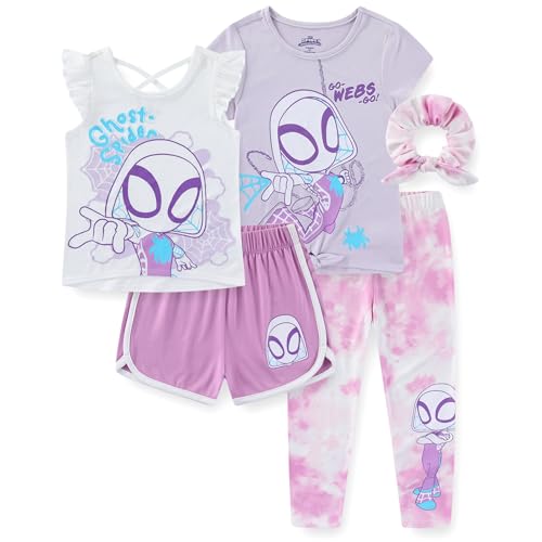 Marvel Spider-Gwen Ghost Spider Girls Mix & Match 5 Piece Outfit Set with 2 Tops, Legging, Shorts & Scrunchie for Little Kids