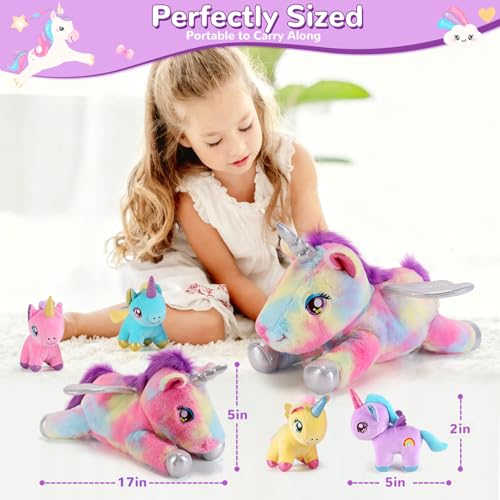 Image of 5 Pieces Unicorn Stuffed Animals - 1 Mommy Stuffed Unicorn with 4 Babies - Unicorns Gifts for Girls Ages 3-8, Unicorns Plush Toys for Christmas, Valentine's, Birthday Gifts (Rainbow)