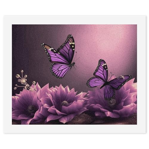 Peinture par numéros pour adultes avec fleurs 3D et papillons violets sur toile