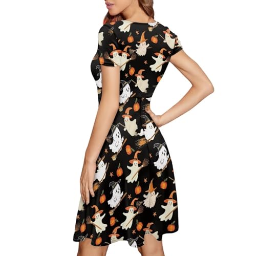 Image of POLERO Women Puffy Swing Elegant Party Midi Dresses Short Sleeve Round Neck A-Line Dress